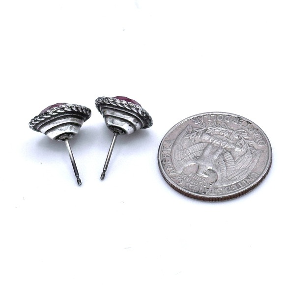 Sparkling Red Square Crystal Stud Earrings Silver Tone Twisted Rope Border - Picture 4 of 4